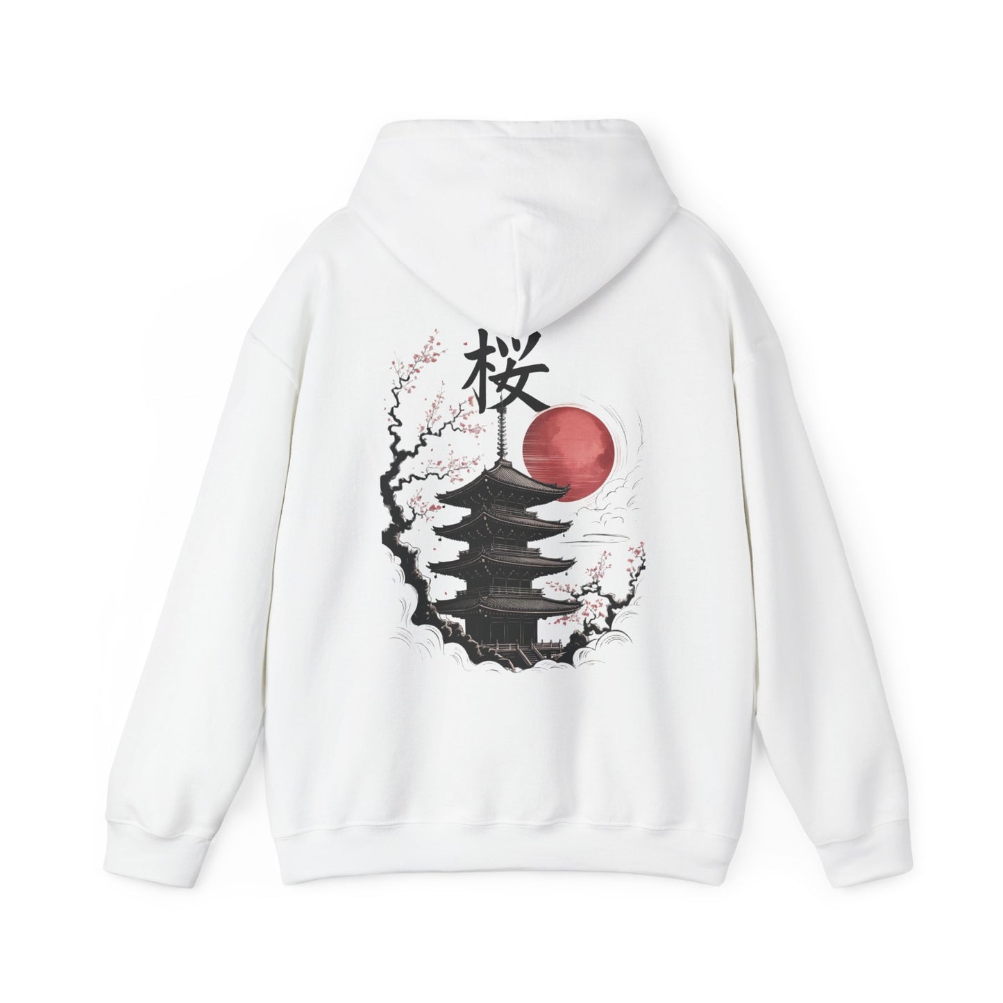 Hooded Sweatshirt - Pagoda & Cherry Blossom Japanese Sakura Sun Graphic Hoodie