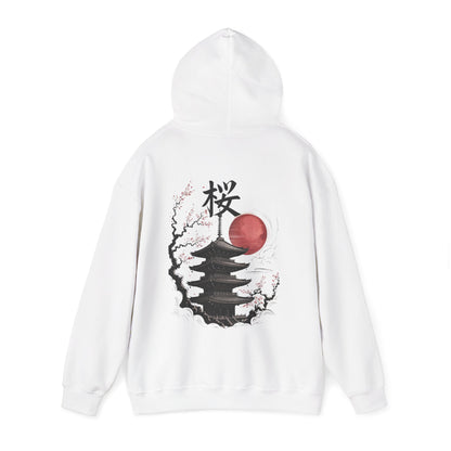 Hooded Sweatshirt - Pagoda & Cherry Blossom Japanese Sakura Sun Graphic Hoodie